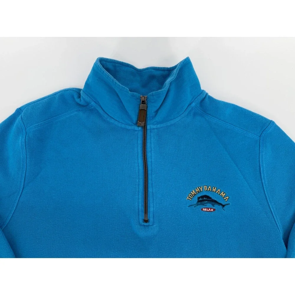 Tommy Bahama Relax Mens Large Blue 100% Cotton Quarter Zip Marlin Logo Pullover